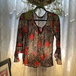 90’s Leopard Print Sheer Blouse with Red Floral Accents